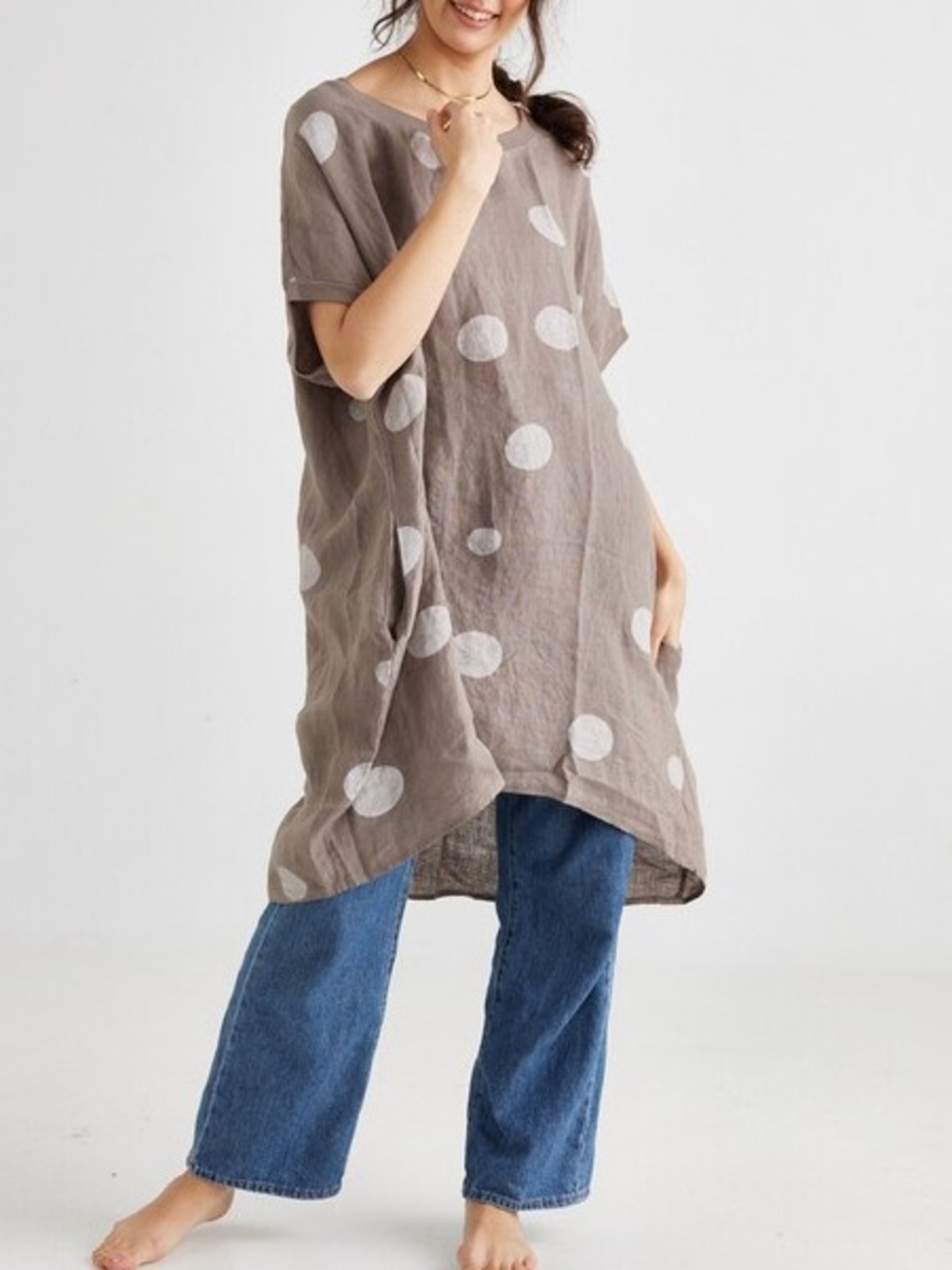 Tina Stephen’s Relaxed Taupe Linen Dress with White Polka Dots Size OS